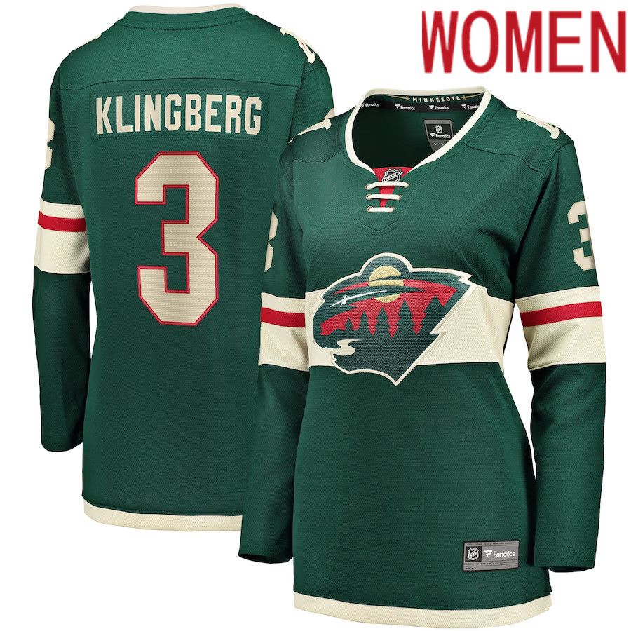 Women Minnesota Wild 3 John Klingberg Fanatics Branded Green Home Breakaway NHL Jersey